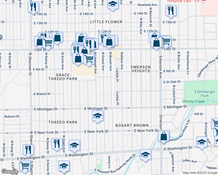 map of restaurants, bars, coffee shops, grocery stores, and more near 730 North Bosart Avenue in Indianapolis