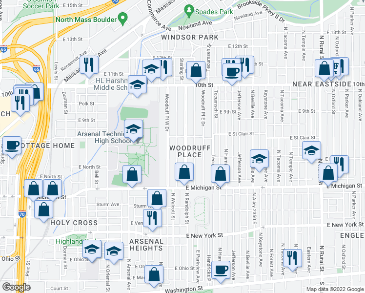 map of restaurants, bars, coffee shops, grocery stores, and more near 696 Woodruff Place Middle Drive in Indianapolis
