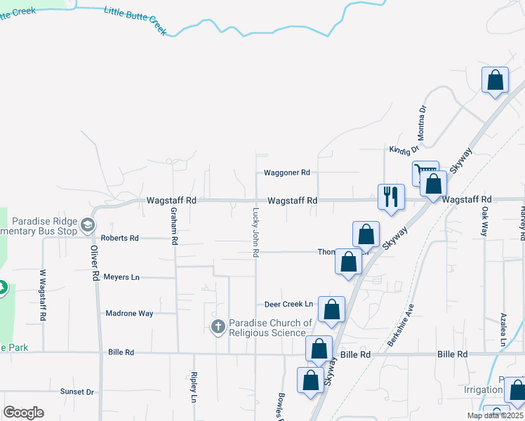 map of restaurants, bars, coffee shops, grocery stores, and more near 6462 Lucky John Road in Paradise