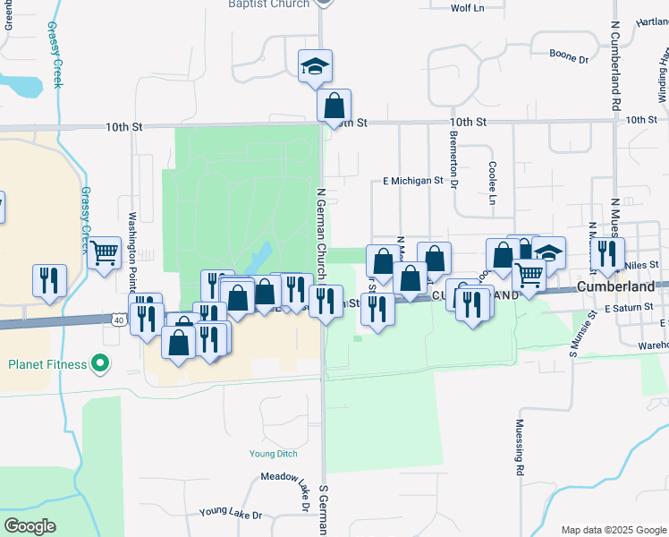 map of restaurants, bars, coffee shops, grocery stores, and more near 69 North German Church Road in Indianapolis