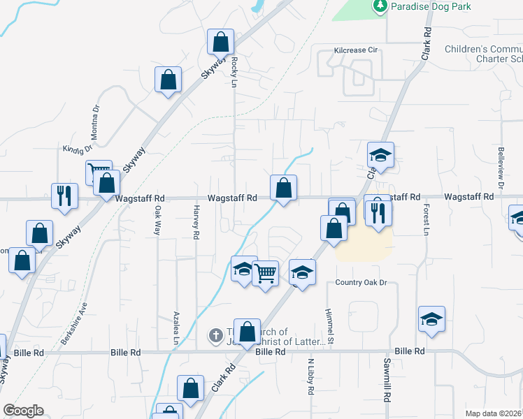 map of restaurants, bars, coffee shops, grocery stores, and more near 1340 Wagstaff Road in Paradise