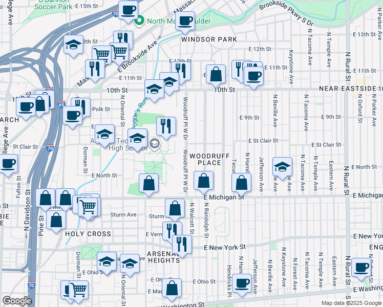 map of restaurants, bars, coffee shops, grocery stores, and more near 701 Woodruff Place West Drive in Indianapolis
