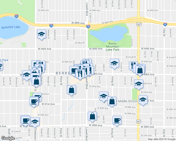 map of restaurants, bars, coffee shops, grocery stores, and more near 4408 Lowell Boulevard in Denver