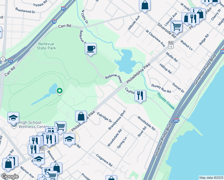 map of restaurants, bars, coffee shops, grocery stores, and more near 1009 Philadelphia Pike in Wilmington