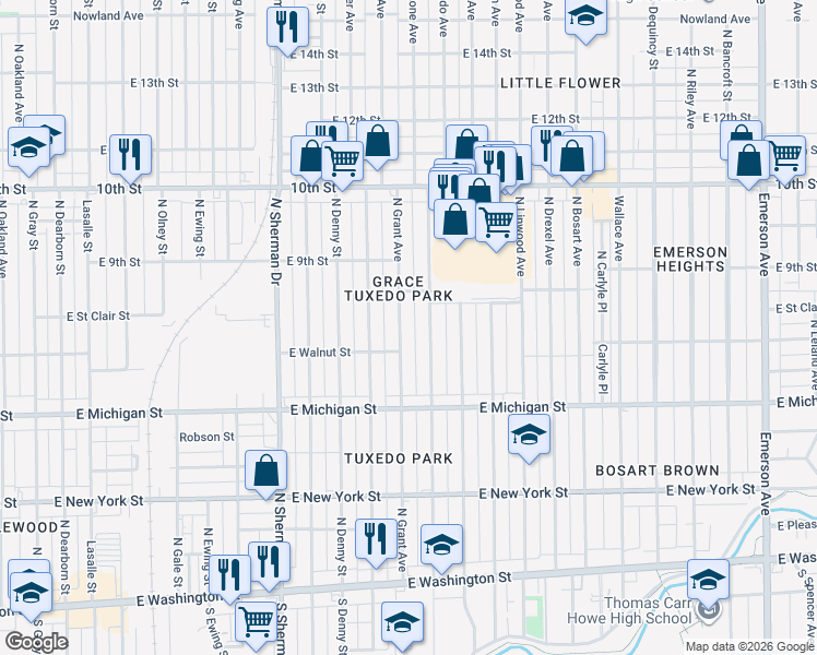 map of restaurants, bars, coffee shops, grocery stores, and more near 725 North Grant Avenue in Indianapolis