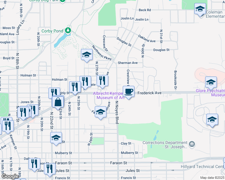 map of restaurants, bars, coffee shops, grocery stores, and more near 2729 Frederick Avenue in Saint Joseph
