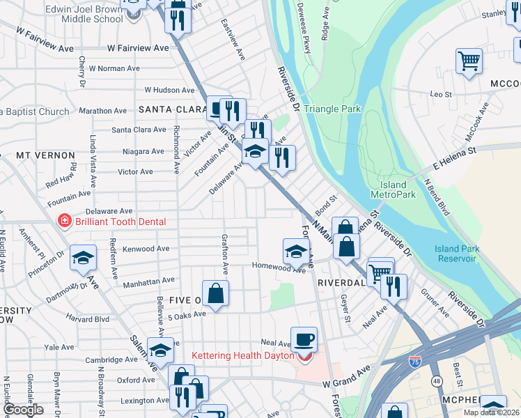 map of restaurants, bars, coffee shops, grocery stores, and more near 1407 Viola Avenue in Dayton