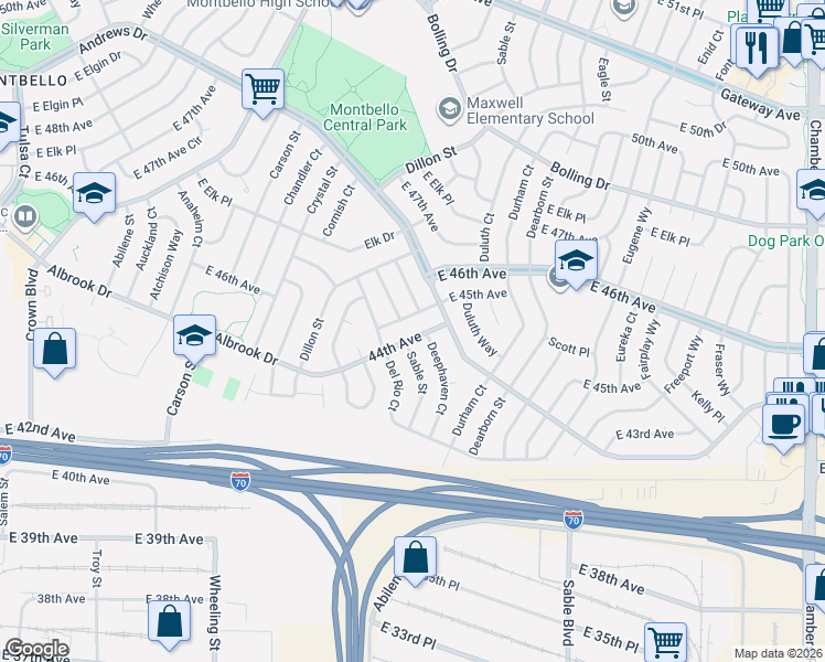 map of restaurants, bars, coffee shops, grocery stores, and more near 14473 East 44th Avenue in Denver