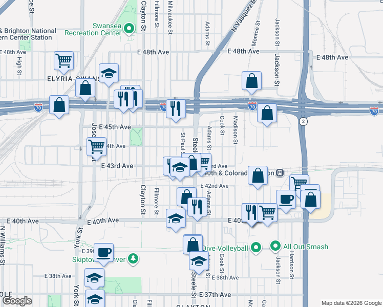 map of restaurants, bars, coffee shops, grocery stores, and more near 4330 Saint Paul Street in Denver
