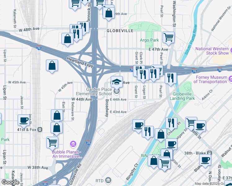 map of restaurants, bars, coffee shops, grocery stores, and more near 4425 Lincoln Street in Denver