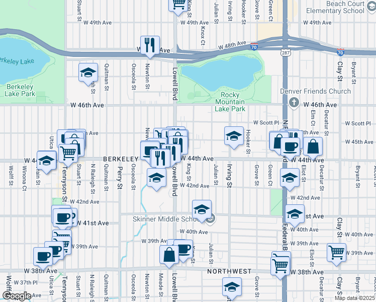 map of restaurants, bars, coffee shops, grocery stores, and more near 3465 West 44th Avenue in Denver