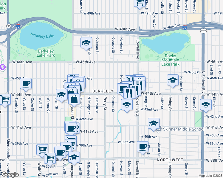 map of restaurants, bars, coffee shops, grocery stores, and more near in Denver