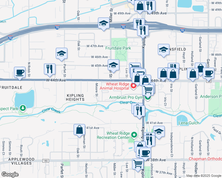 map of restaurants, bars, coffee shops, grocery stores, and more near 10400 West 44th Avenue in Wheat Ridge