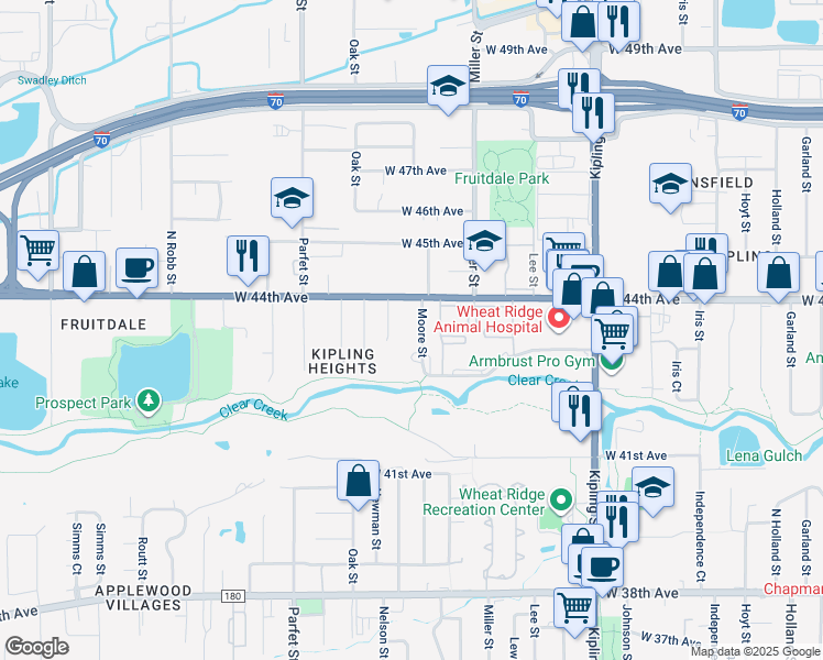 map of restaurants, bars, coffee shops, grocery stores, and more near 4321 Moore Street in Wheat Ridge