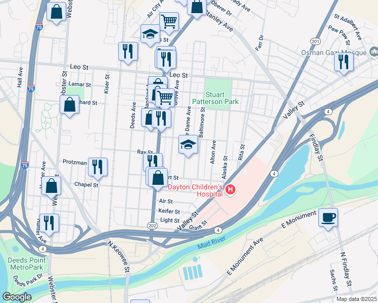 map of restaurants, bars, coffee shops, grocery stores, and more near 53 Notre Dame Avenue in Dayton