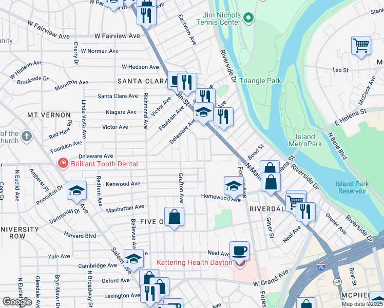 map of restaurants, bars, coffee shops, grocery stores, and more near 607 Rockford Avenue in Dayton