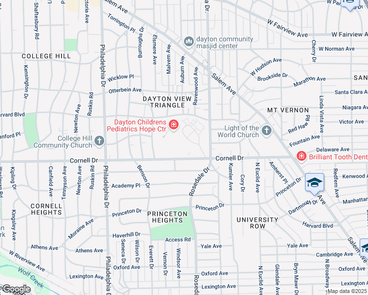 map of restaurants, bars, coffee shops, grocery stores, and more near 1401-1443 Cornell Drive in Dayton
