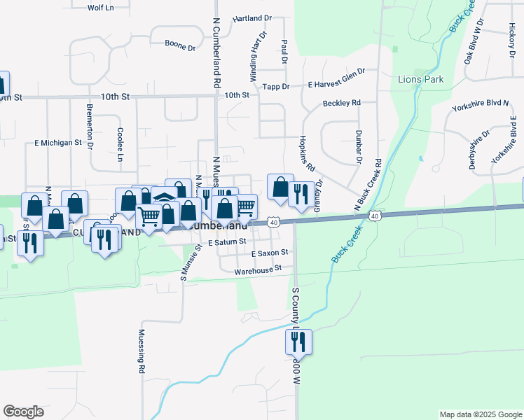 map of restaurants, bars, coffee shops, grocery stores, and more near 12014 East Washington Street in Indianapolis