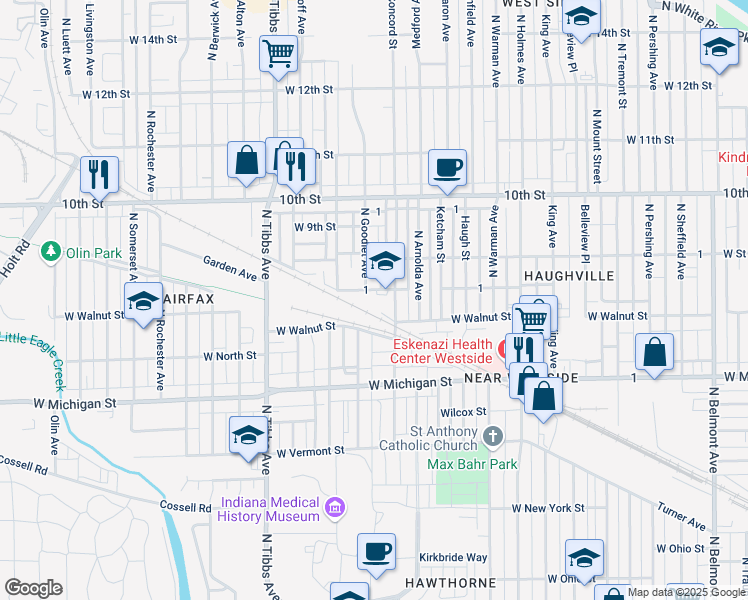map of restaurants, bars, coffee shops, grocery stores, and more near 3125 Concord Court in Indianapolis