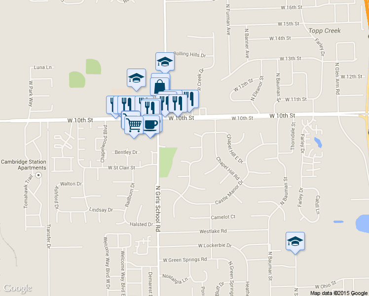 map of restaurants, bars, coffee shops, grocery stores, and more near 7150 Queensbury Court in Indianapolis