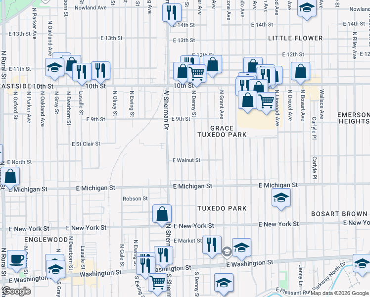 map of restaurants, bars, coffee shops, grocery stores, and more near 725 North Bradley Avenue in Indianapolis