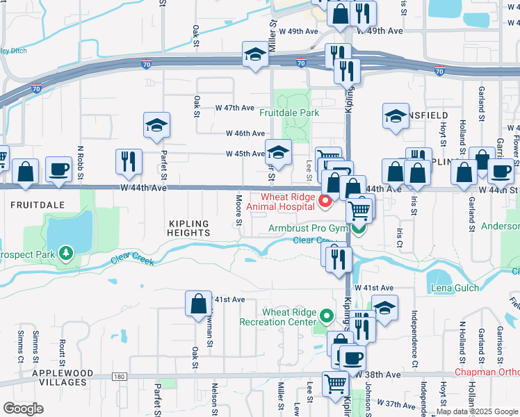 map of restaurants, bars, coffee shops, grocery stores, and more near 10450 West 44th Avenue in Wheat Ridge