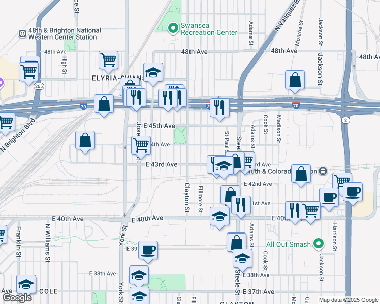 map of restaurants, bars, coffee shops, grocery stores, and more near 4336 Clayton Street in Denver