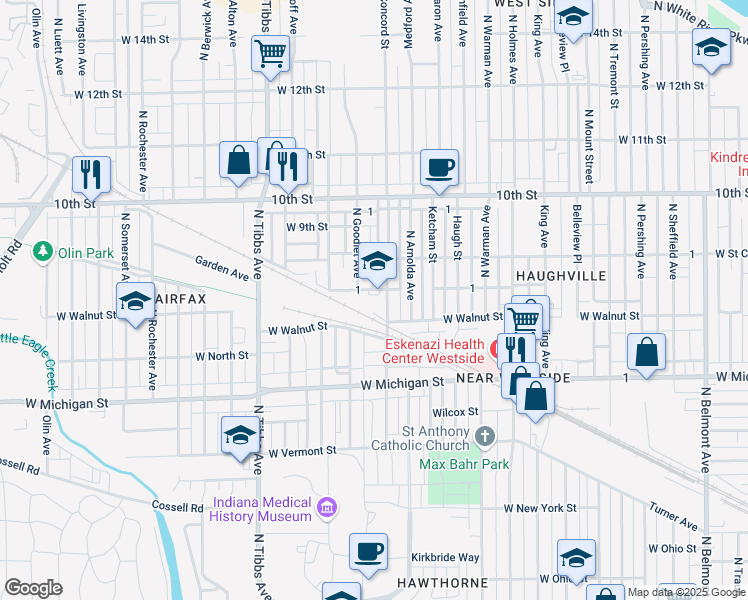 map of restaurants, bars, coffee shops, grocery stores, and more near 3125 Concord Court in Indianapolis