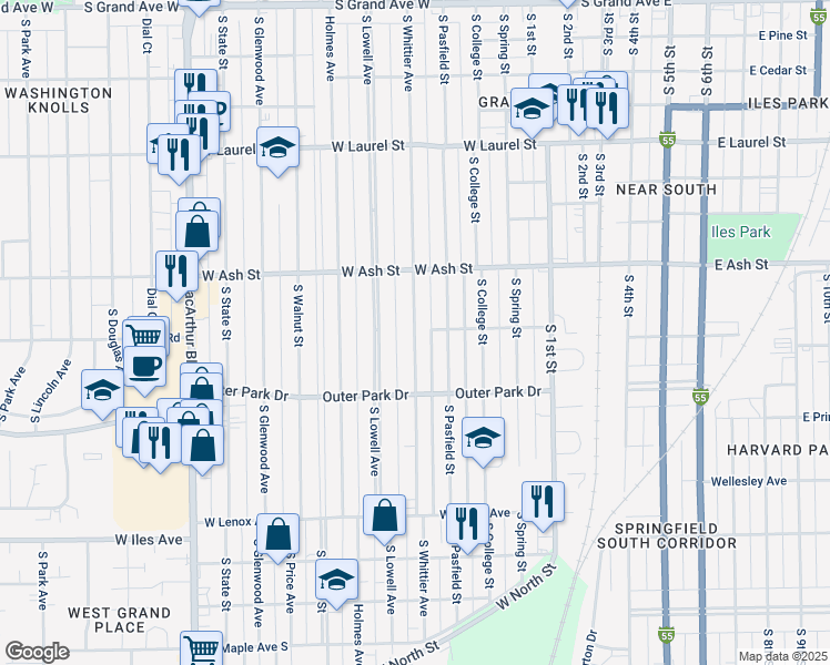 map of restaurants, bars, coffee shops, grocery stores, and more near 2111 South Whittier Avenue in Springfield