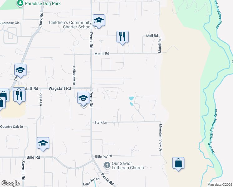 map of restaurants, bars, coffee shops, grocery stores, and more near 6656 Pentz Road in Paradise