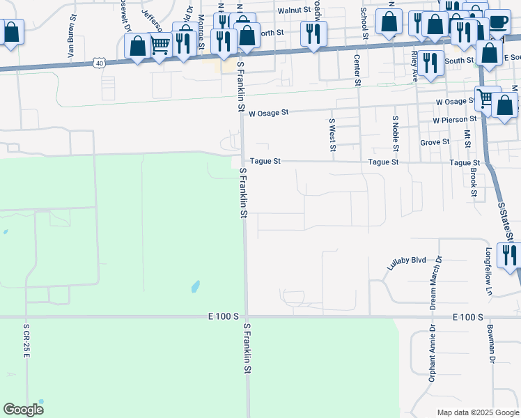 map of restaurants, bars, coffee shops, grocery stores, and more near 785 South Franklin Street in Greenfield