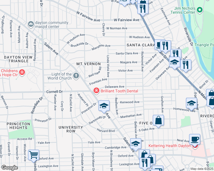 map of restaurants, bars, coffee shops, grocery stores, and more near 605 Delaware Avenue in Dayton