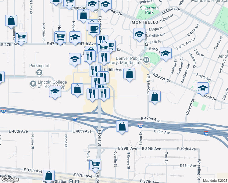 map of restaurants, bars, coffee shops, grocery stores, and more near East 45th Avenue in Denver