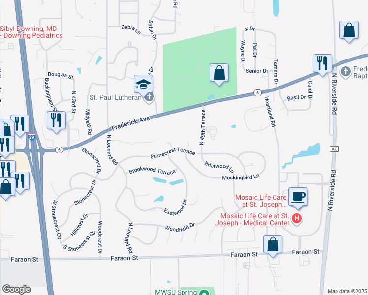 map of restaurants, bars, coffee shops, grocery stores, and more near 1102 Mockingbird Court in Saint Joseph