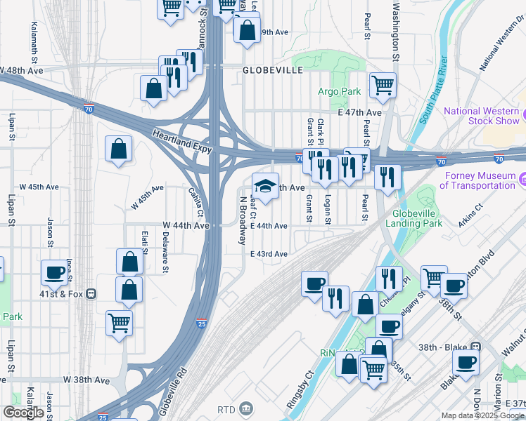 map of restaurants, bars, coffee shops, grocery stores, and more near 4425 Lincoln Street in Denver