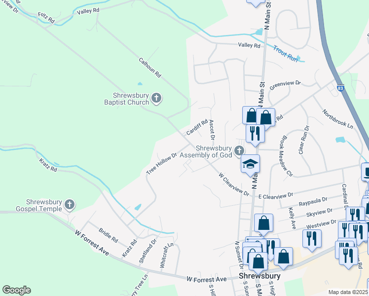 map of restaurants, bars, coffee shops, grocery stores, and more near 4 Tree Hollow Dr in Shrewsbury