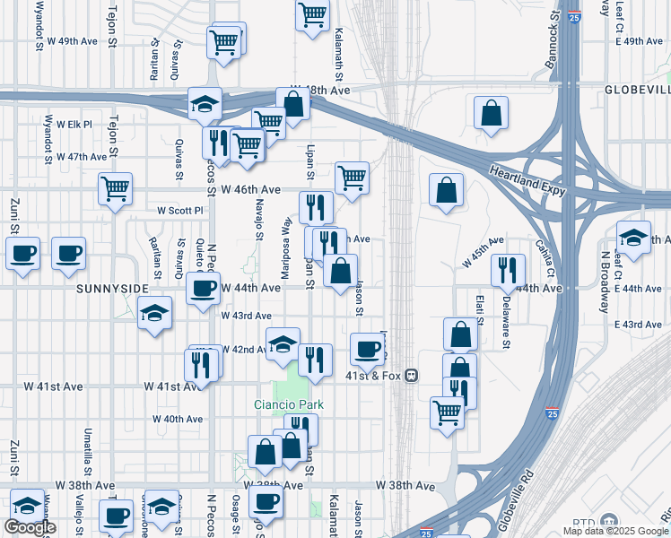 map of restaurants, bars, coffee shops, grocery stores, and more near 4459 Jason Street in Denver