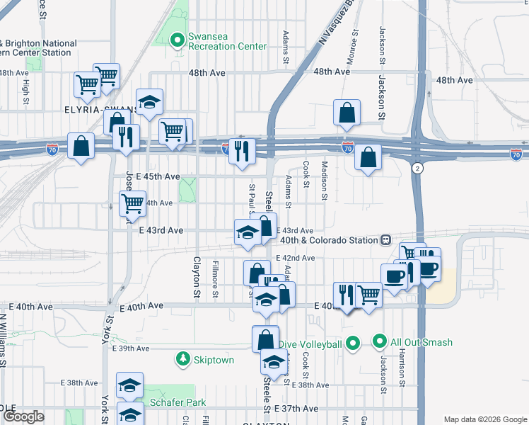 map of restaurants, bars, coffee shops, grocery stores, and more near 4330 Saint Paul Street in Denver