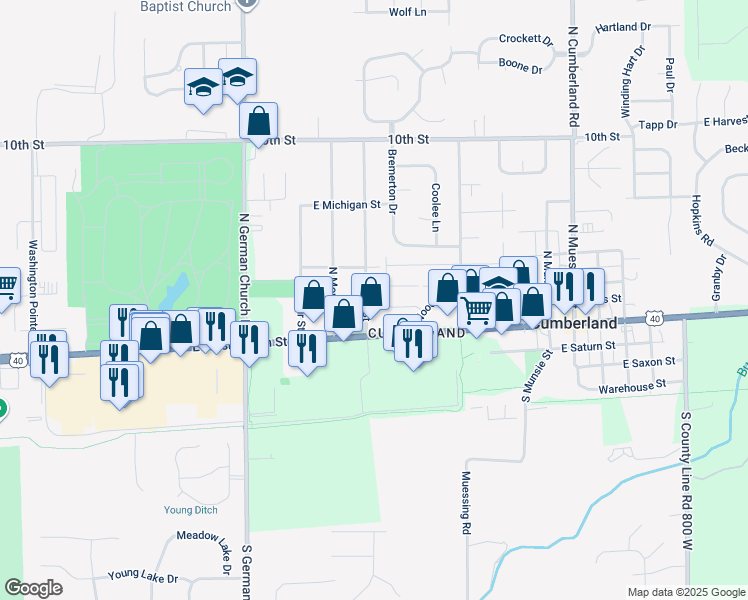 map of restaurants, bars, coffee shops, grocery stores, and more near 150 Hugo Street in Indianapolis