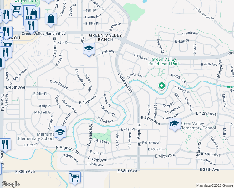 map of restaurants, bars, coffee shops, grocery stores, and more near 19901 Mitchell Circle in Denver