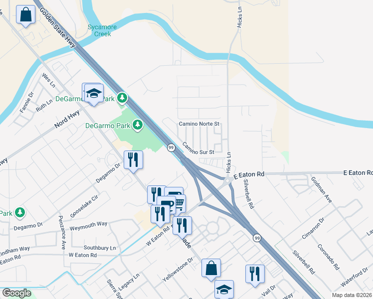 map of restaurants, bars, coffee shops, grocery stores, and more near 267 Camino Sur Street in Chico
