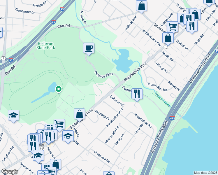 map of restaurants, bars, coffee shops, grocery stores, and more near 1009 Philadelphia Pike in Wilmington