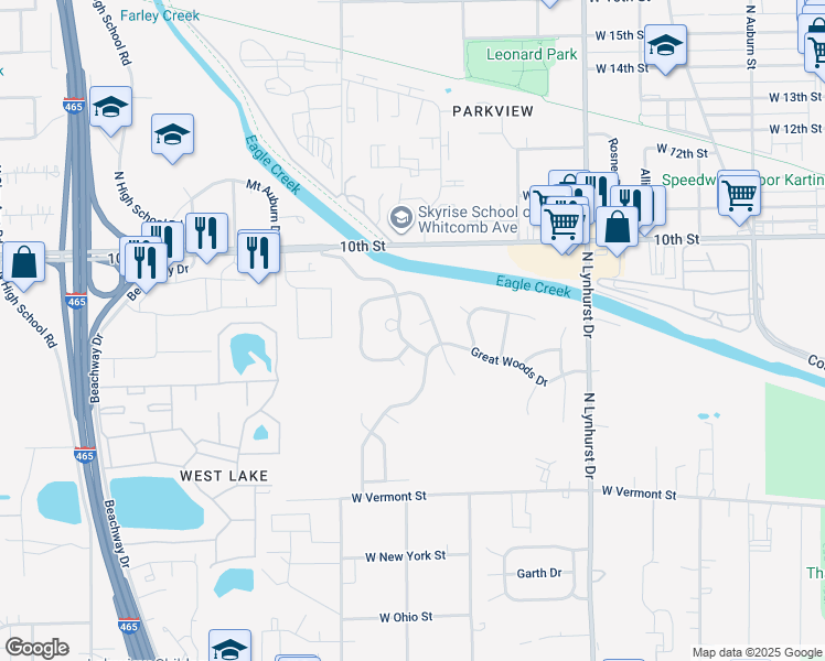 map of restaurants, bars, coffee shops, grocery stores, and more near 5537 Crown Woods Circle in Indianapolis