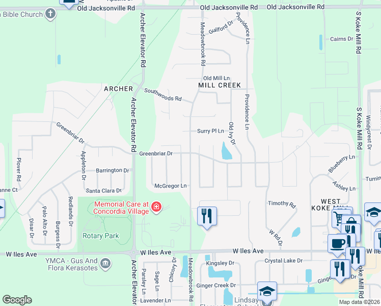 map of restaurants, bars, coffee shops, grocery stores, and more near Meadowbrook Rd in Springfield