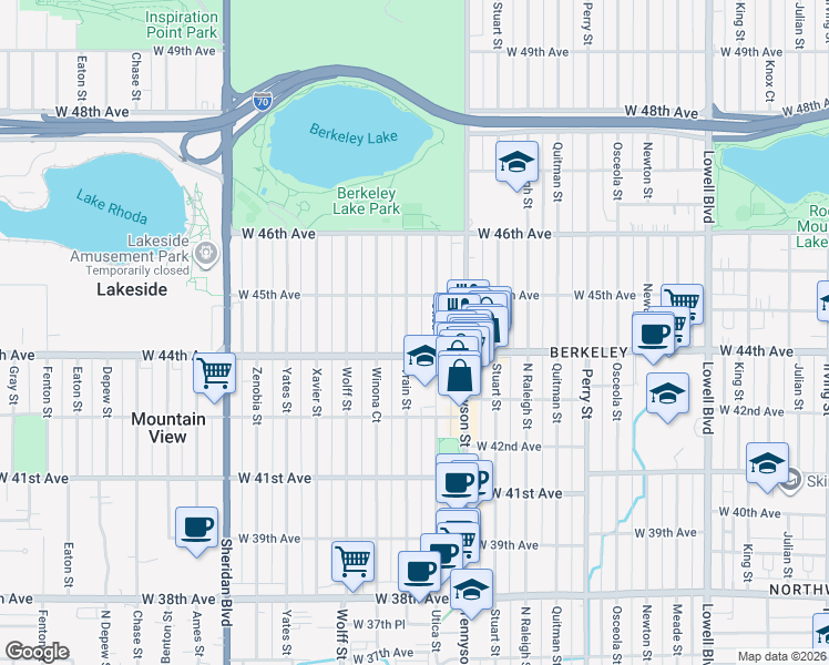 map of restaurants, bars, coffee shops, grocery stores, and more near 4438 Vrain Street in Denver