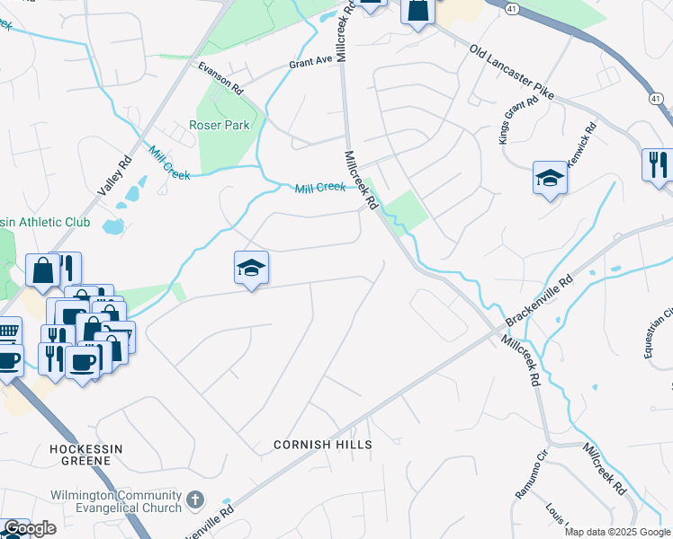 map of restaurants, bars, coffee shops, grocery stores, and more near 157 Thompson Drive in Hockessin