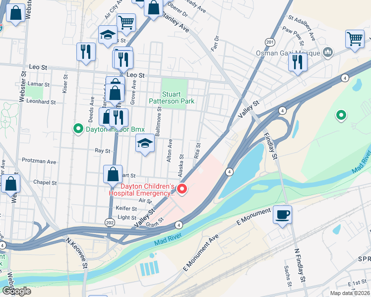 map of restaurants, bars, coffee shops, grocery stores, and more near 146 Alaska Street in Dayton