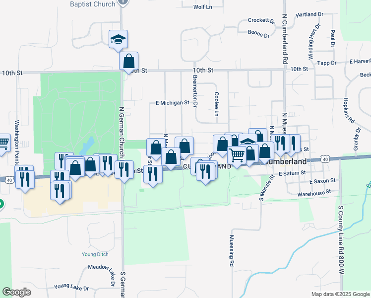 map of restaurants, bars, coffee shops, grocery stores, and more near 150 Hugo Street in Indianapolis