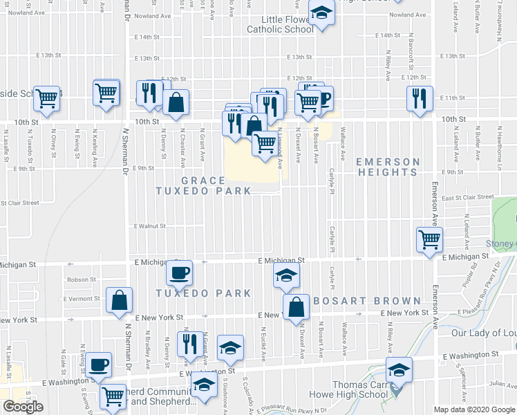 map of restaurants, bars, coffee shops, grocery stores, and more near 718 North Euclid Avenue in Indianapolis