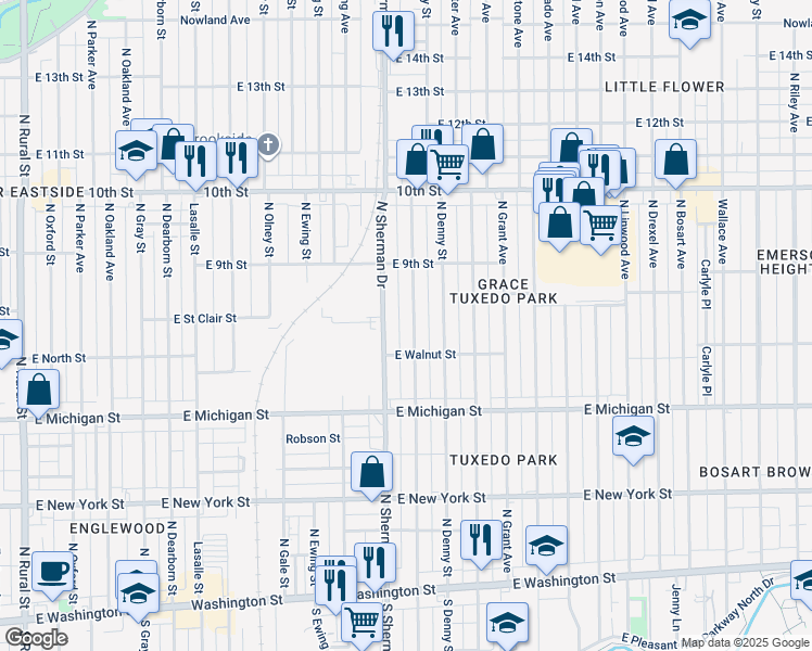 map of restaurants, bars, coffee shops, grocery stores, and more near 720 North Bradley Avenue in Indianapolis